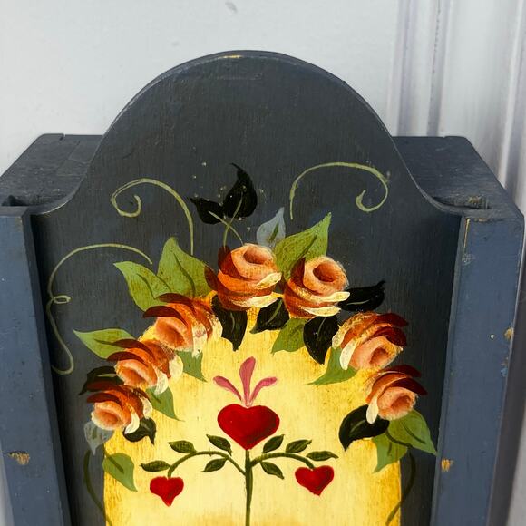 VTG Hand Painted Wood Tole Folk Art Sliding Lid Candle Match Box PA Dutch Style - Picture 10 of 16